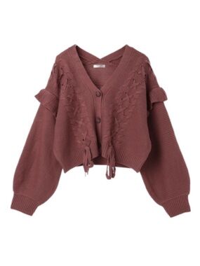 🇯🇵 Ruffle Spindle Knit Cropped V-neck Ribbon Lace-Up Detail Cardigan